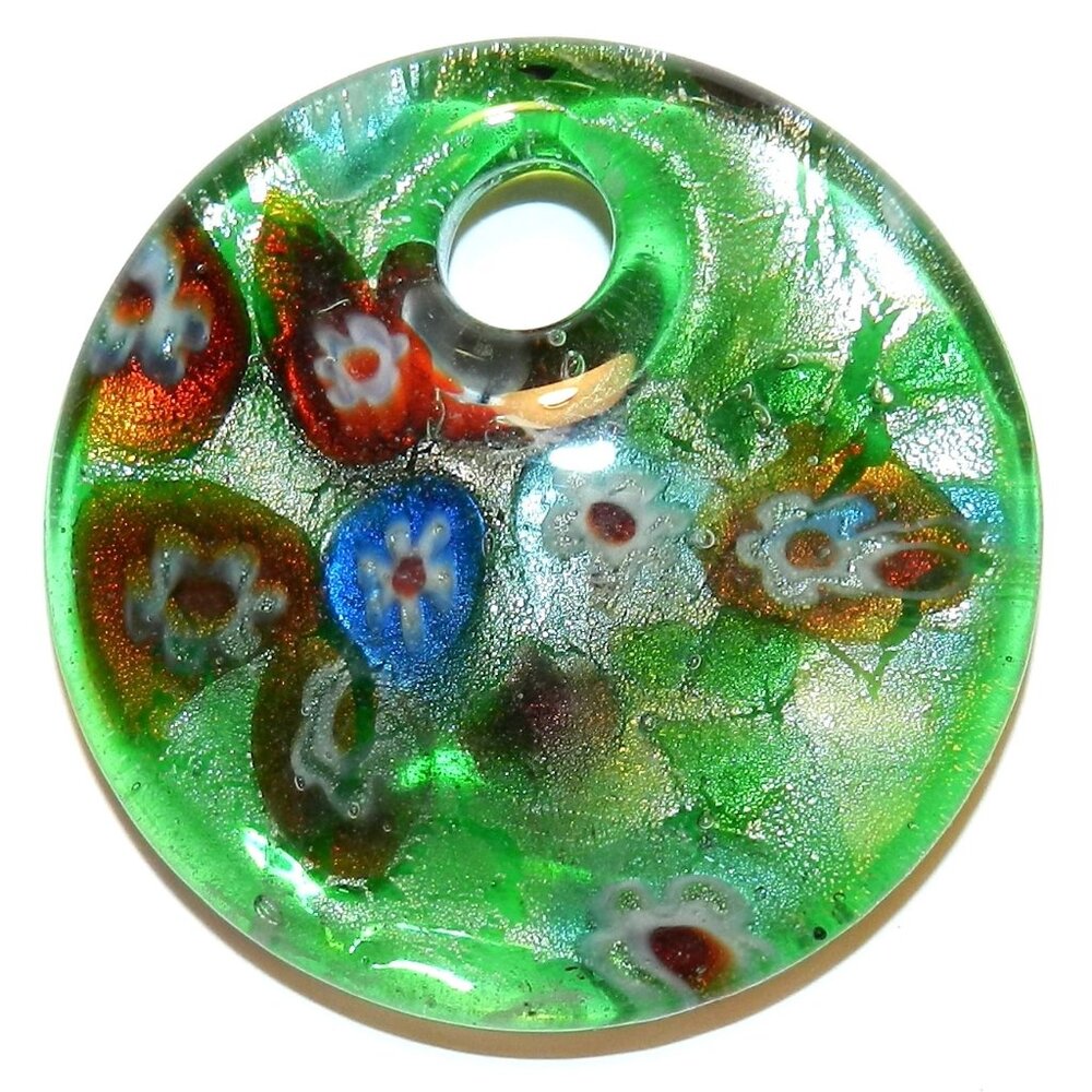 Green Glass Millefiori Flowers & Silver Foil 50mm Round Lampworked Pendant P2650